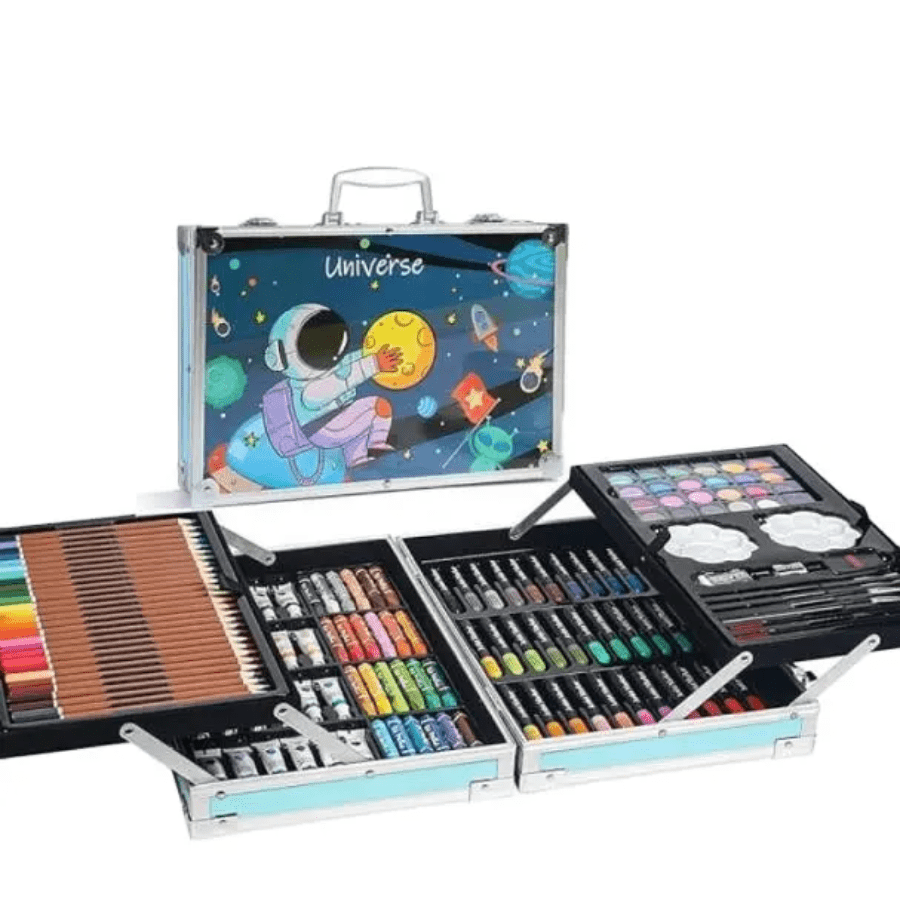 Colouring In Kit – 145 Piece Art Set for Kids with pencils, markers, crayons, paints, and brushes organised in a carry case for creative drawing fun.