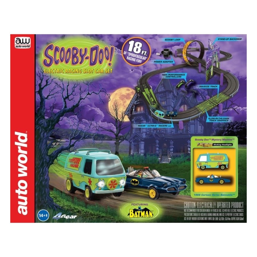 1:64 Scooby Doo Meets Batman Slot Car Racing Set SRS338 with Mystery Machine and Batmobile.