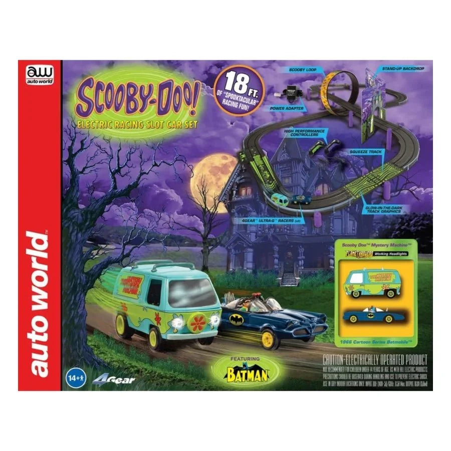 1:64 Scooby Doo Meets Batman Slot Car Racing Set SRS338 with Mystery Machine and Batmobile.