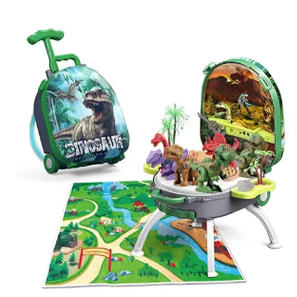 Dinosaur-themed kids playset with rolling suitcase, toy figures, and adventure map for imaginative play