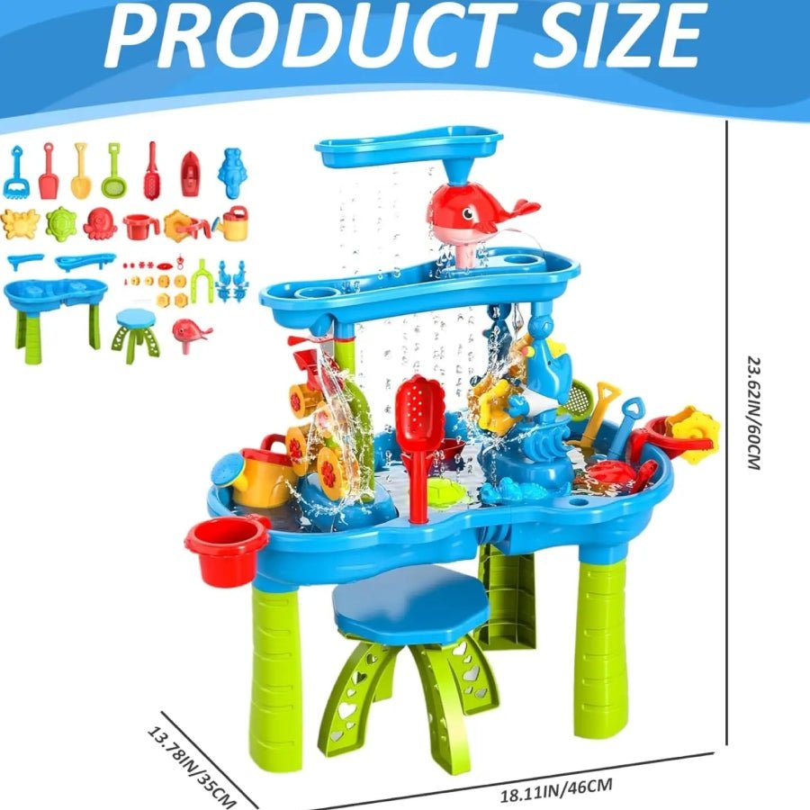 3-Tier Beach Toy Water Table – colourful kids’ outdoor sand and water play table with wheels, buckets, and splash features.