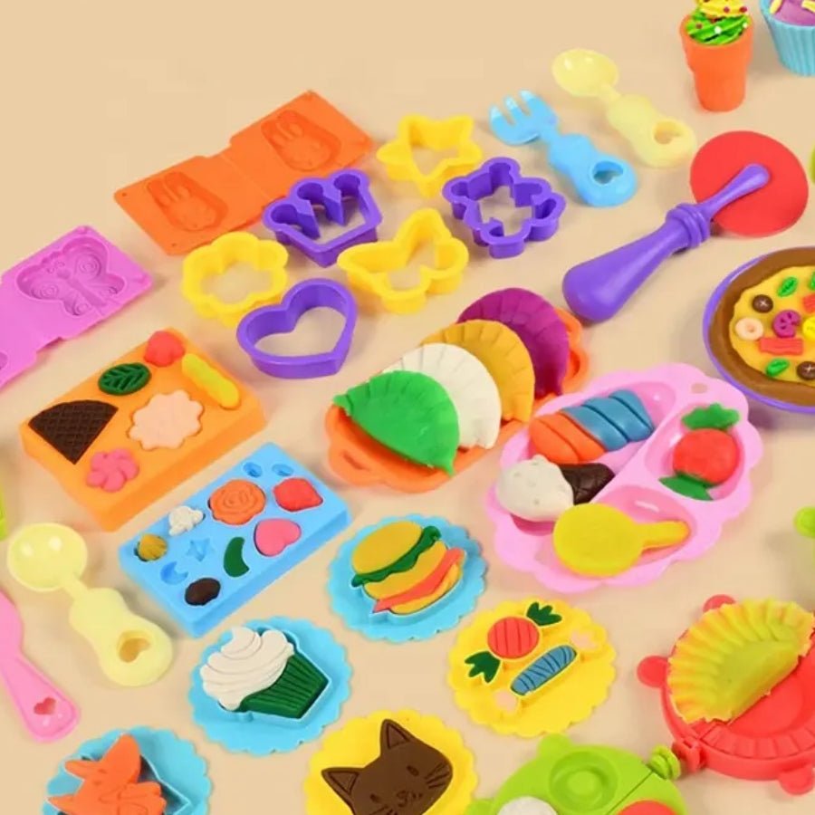 55pc Delicious Food Coloured Clay Kitchen Set for Kids – colourful modelling clay play set with kitchen tools for creative pretend food making.