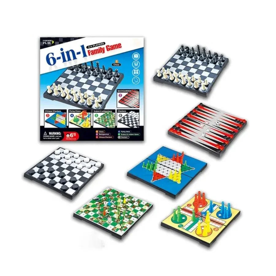 6-in-1 Family Game Set – classic board and tabletop games collection for kids and adults including chess, checkers, ludo, and snakes and ladders.