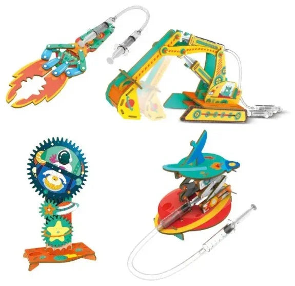 Colorful DIY hydraulic model kits including crane, claw, gear robot, and rocket for kids' STEM learning and fun
