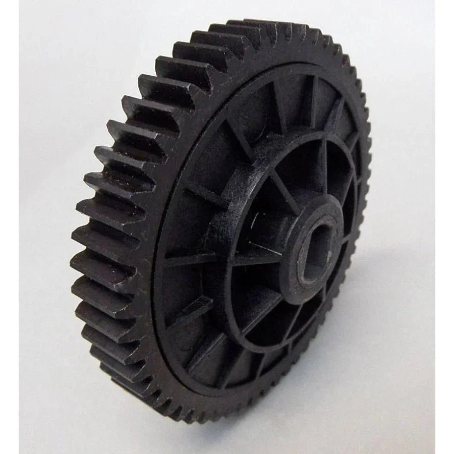 Black plastic gear with toothed edge and spoked center for model kits and hobby projects