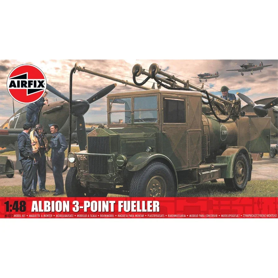 Airfix Albion 3‑Point Fueller 1:48 scale model kit showing British WWII fuel truck with three hose rig and detailed tanker body