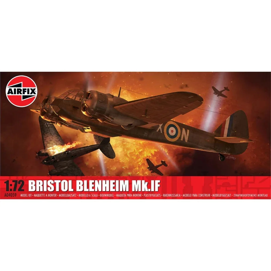 Airfix 1:72 Bristol Blenheim Mk.IF model kit showing the twin‑engine WWII RAF bomber in camouflage and night fighter schemes with cockpit glazing.