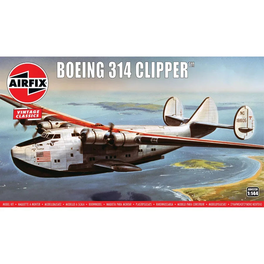 Airfix 1/144 Boeing 314 Clipper flying boat airliner model kit with Pan American Airways markings and detailed hull, wings, and tail assembly.