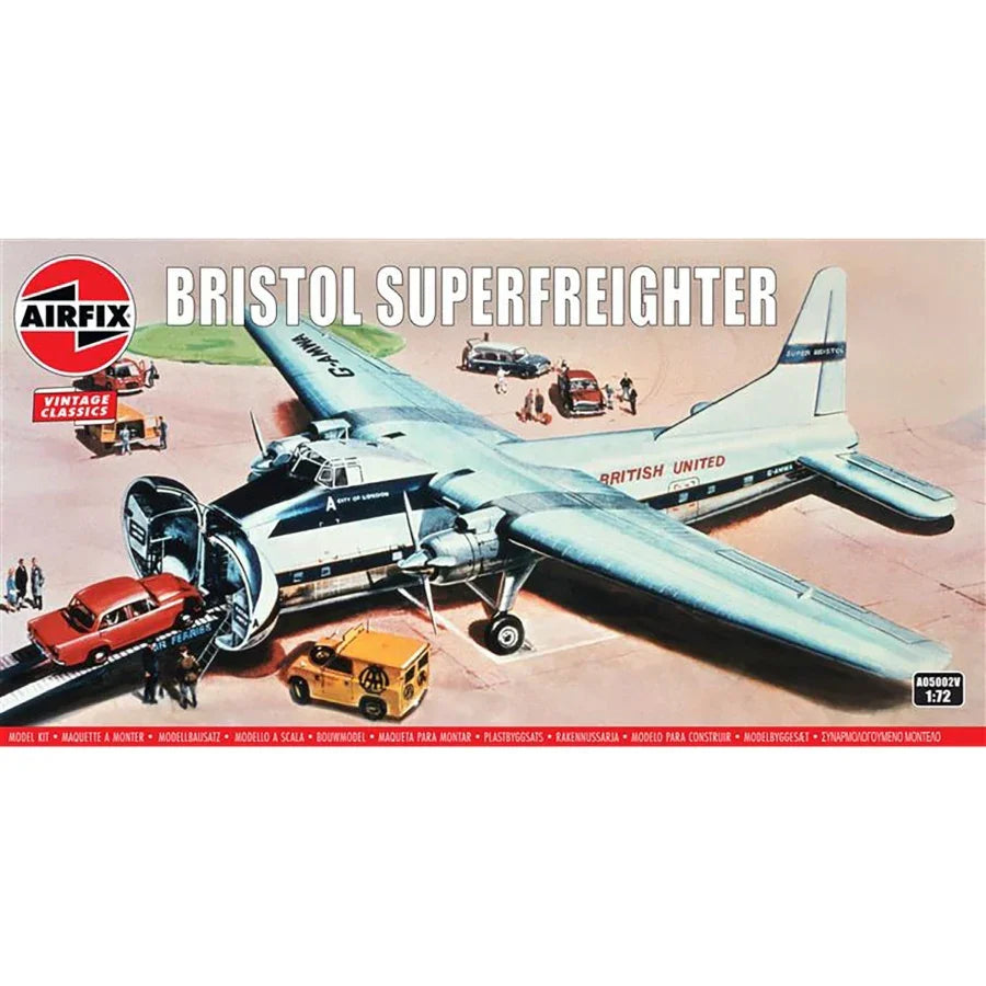 Airfix Bristol Superfreighter Mk 32 model kit box art and assembled 1:72 scale Superfreighter with open nose and vehicle ramp detailing.
