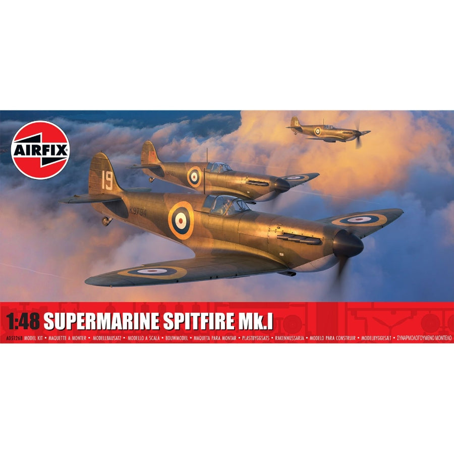 Airfix 1:48 Supermarine Spitfire Mk.I model kit showing assembled aircraft in RAF camouflage and markup, photographed from top and rear angles