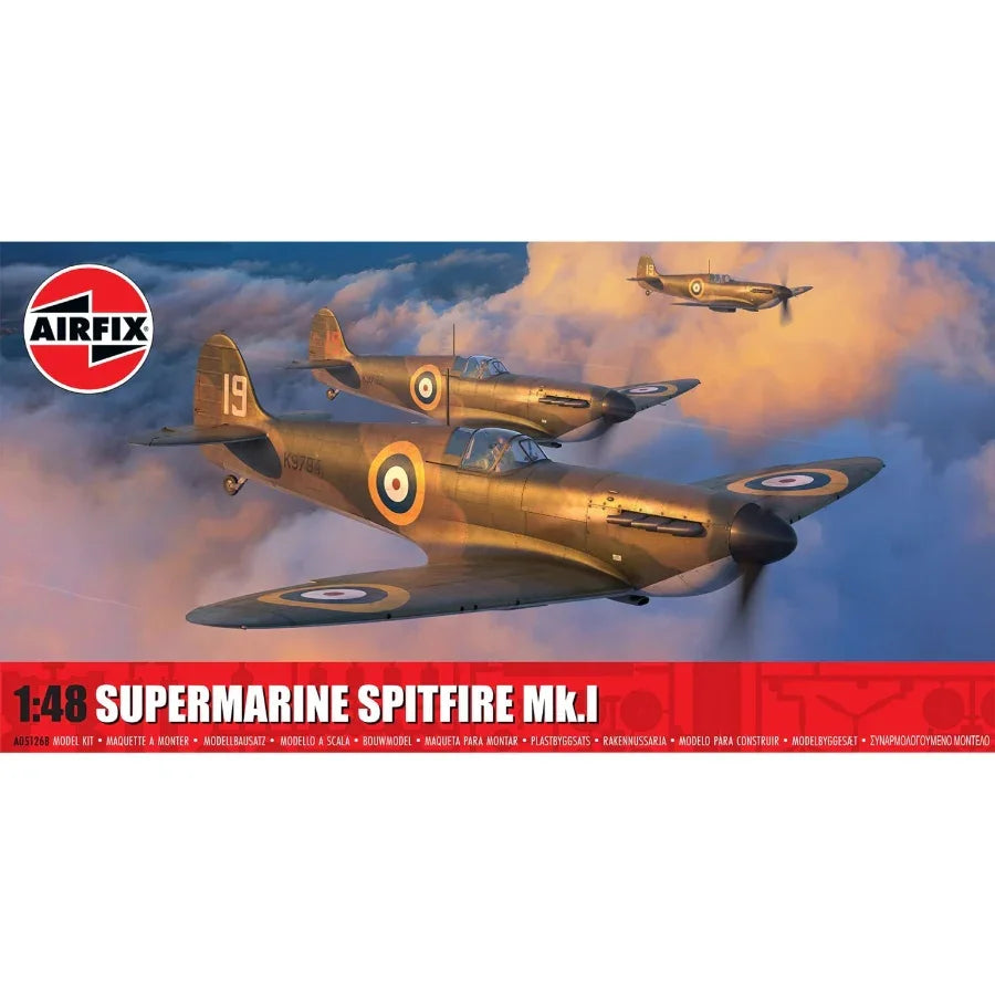 Airfix 1:48 Supermarine Spitfire Mk.I model kit showing assembled aircraft in RAF camouflage and markup, photographed from top and rear angles
