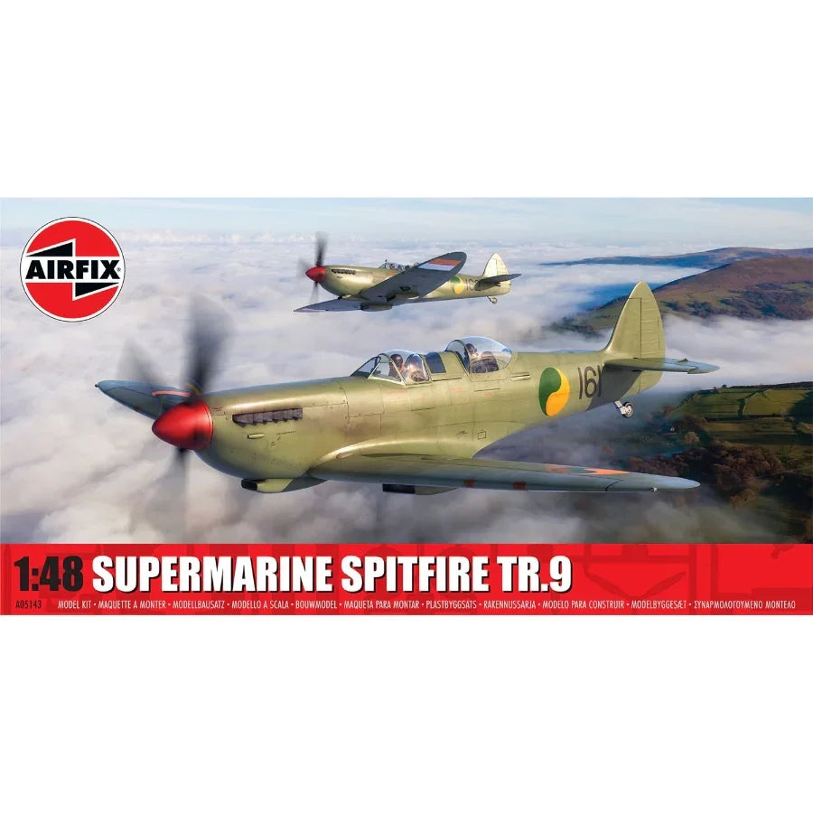 Airfix 1/48 Supermarine Spitfire Tr.9 RAF trainer aircraft model kit with detailed dual cockpit and authentic WWII-era markings.