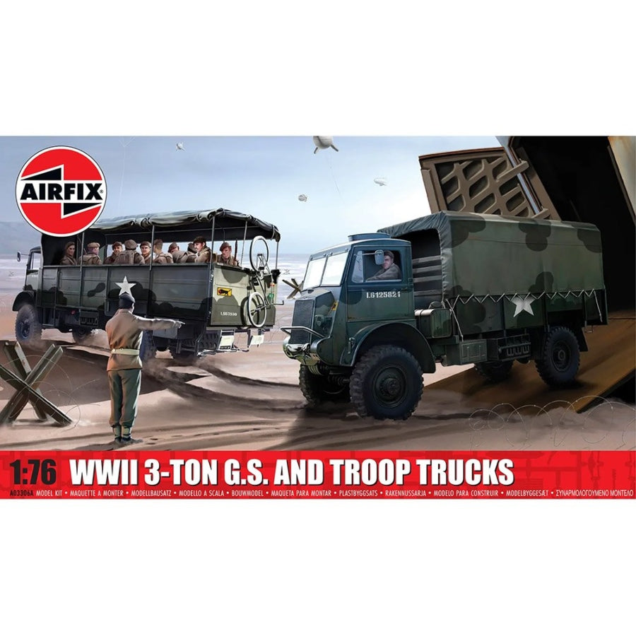 Airfix 1:76 scale Bedford QL 3‑Ton 4×4 military truck model kit showing GS cargo and troop transport variants with canvas top.