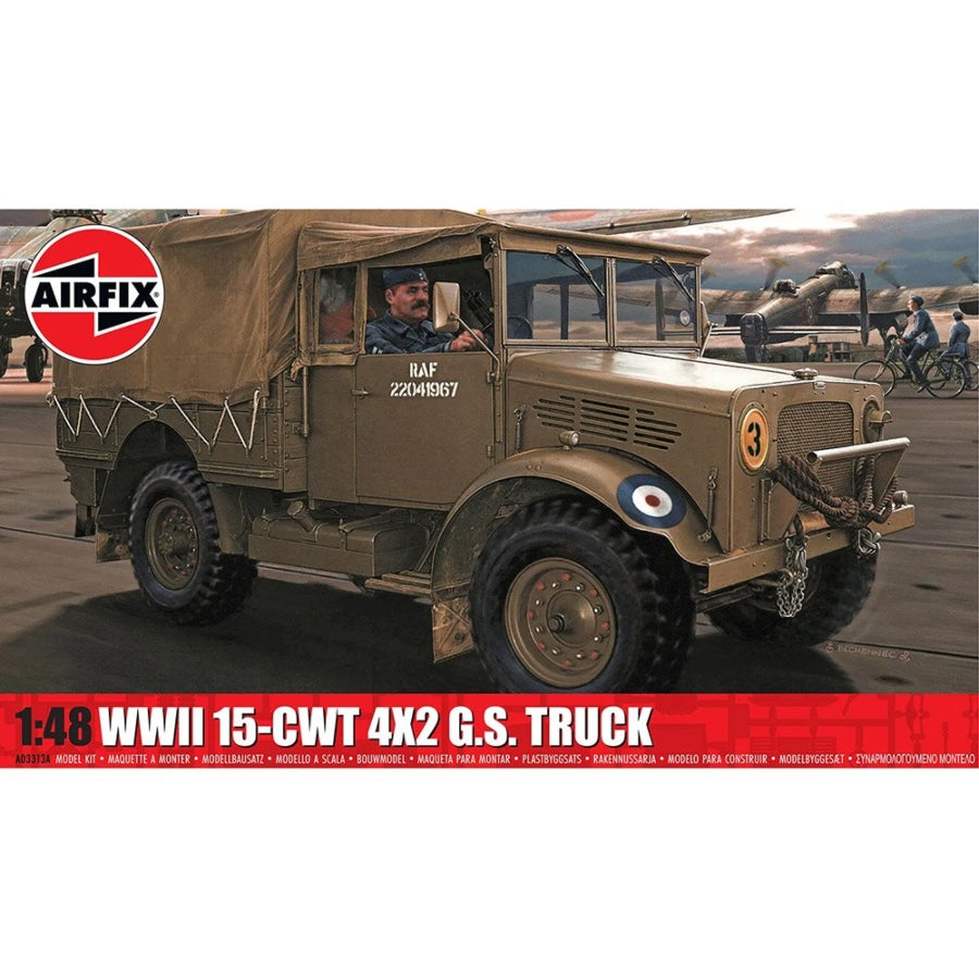 Airfix 1:48 Bedford 15‑cwt 4×2 RAF General Service Truck model kit showing collapsible windscreen and canvas‑top version