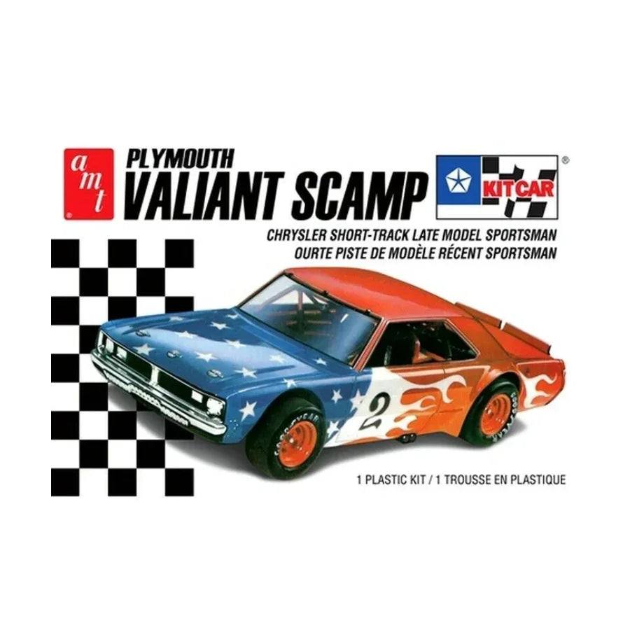 AMT Plymouth Valiant Scamp model kit with patriotic stars and flames, short-track sportsman race car