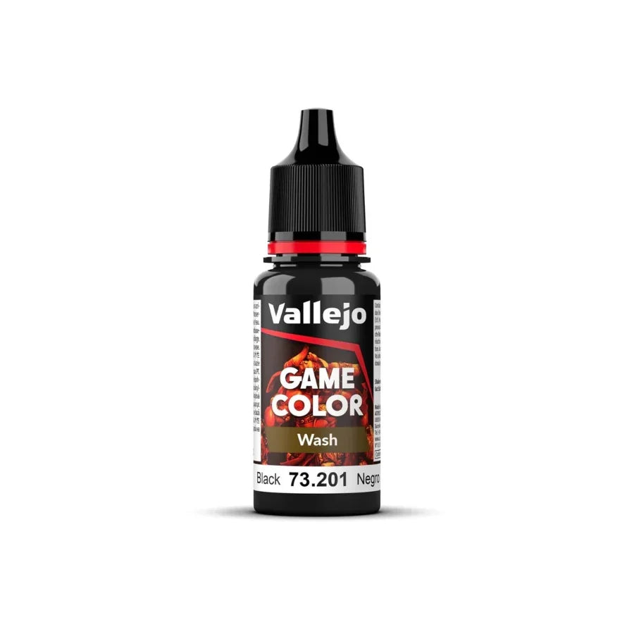 Vallejo Game Colour Wash Black 18ml Acrylic Paint AV73201 – new formula wash for shading miniatures and models.