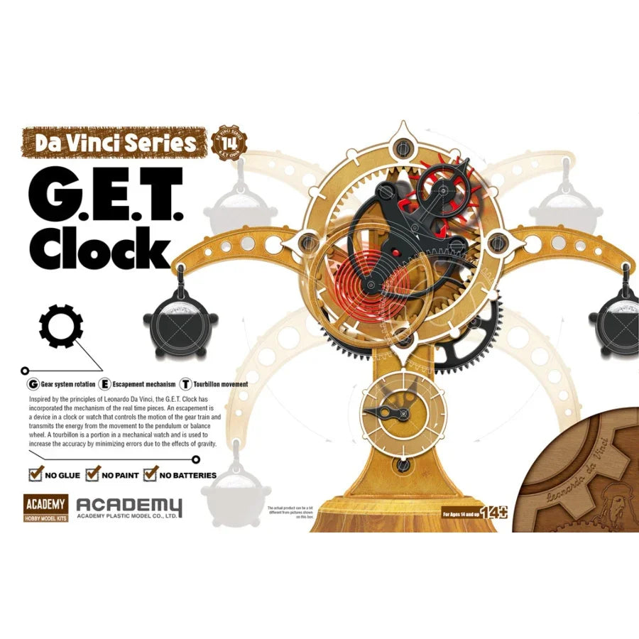 Academy 18185 Da Vinci G.E.T. Clock wooden mechanical STEM model kit inspired by Leonardo da Vinci.