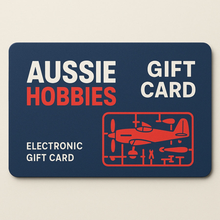 Aussie Hobbies digital e-gift card featuring colourful hobby-themed artwork with instant delivery text