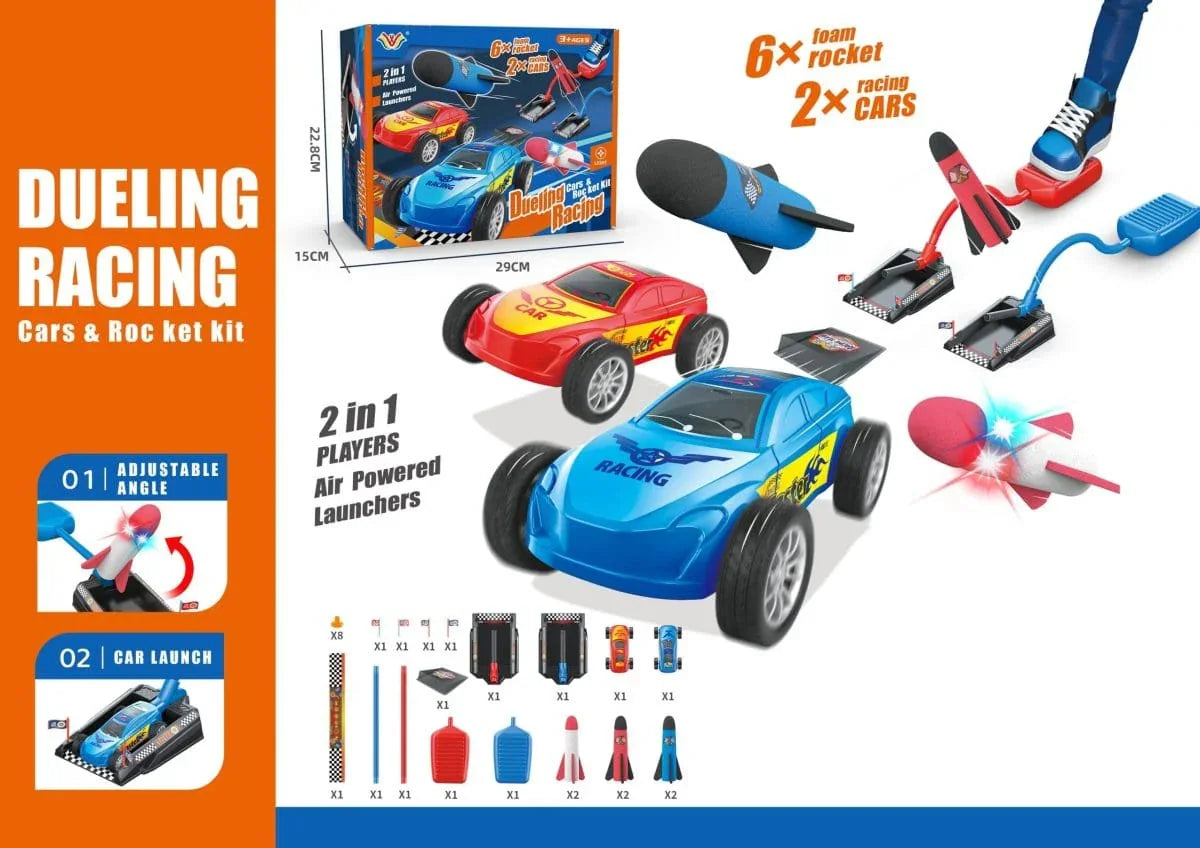 Dueling Racing Cars & Rocket Kit with 2 air-powered launchers, 6 foam rockets, 2 toy cars for kids' play