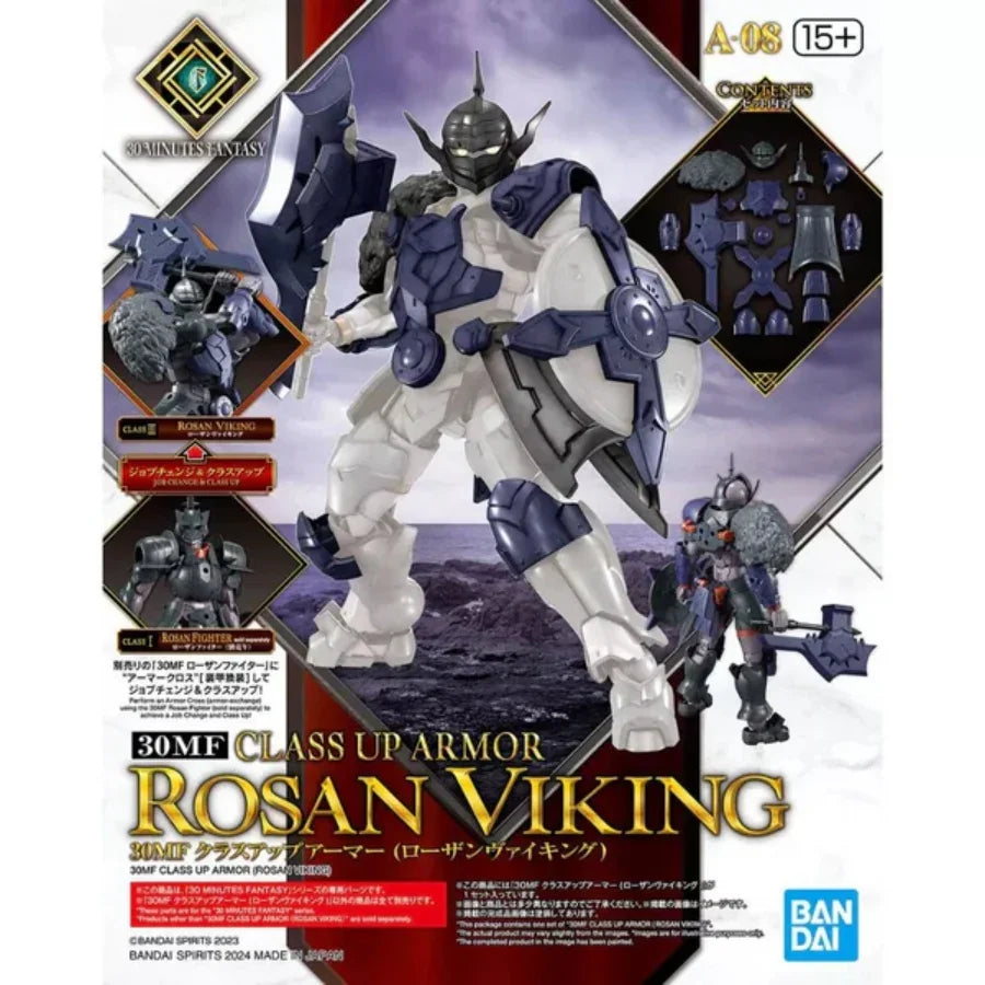 Rosan Viking Class-Up Armor on 30MF silhouette model, featuring Viking-style helmet, axe, round shield, and fur shoulder armor