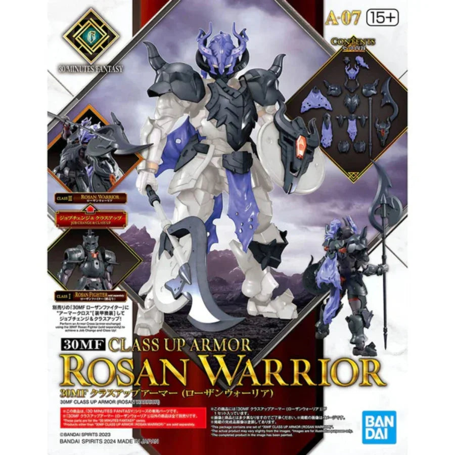 Rosan Warrior Class-Up Armor mounted on a 30MF silhouette figure, featuring horned helmet, shoulder armor, and polearm weapon