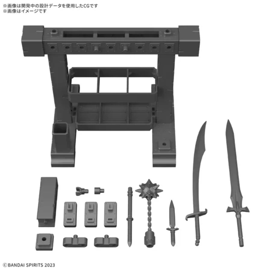 30MF Weapon Option set featuring a display rack and weapons including longsword, scimitar, knife, and transformable mace