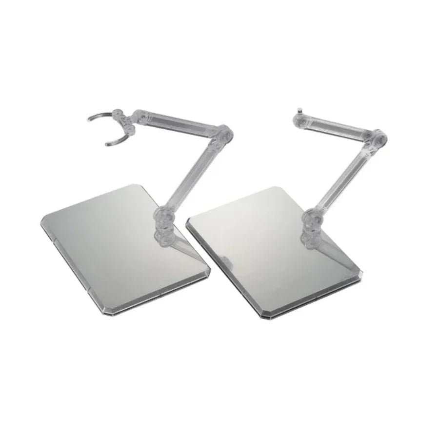 Clear Action Base 7 with mirror stickers, C‑arms, and joint parts for displaying 1/144 scale models