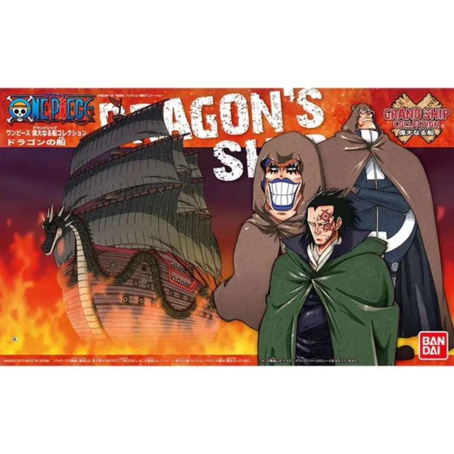 Bandai One Piece Grand Ship Collection Dragon’s Ship plastic model kit with detailed dragon figurehead and blue water effect base