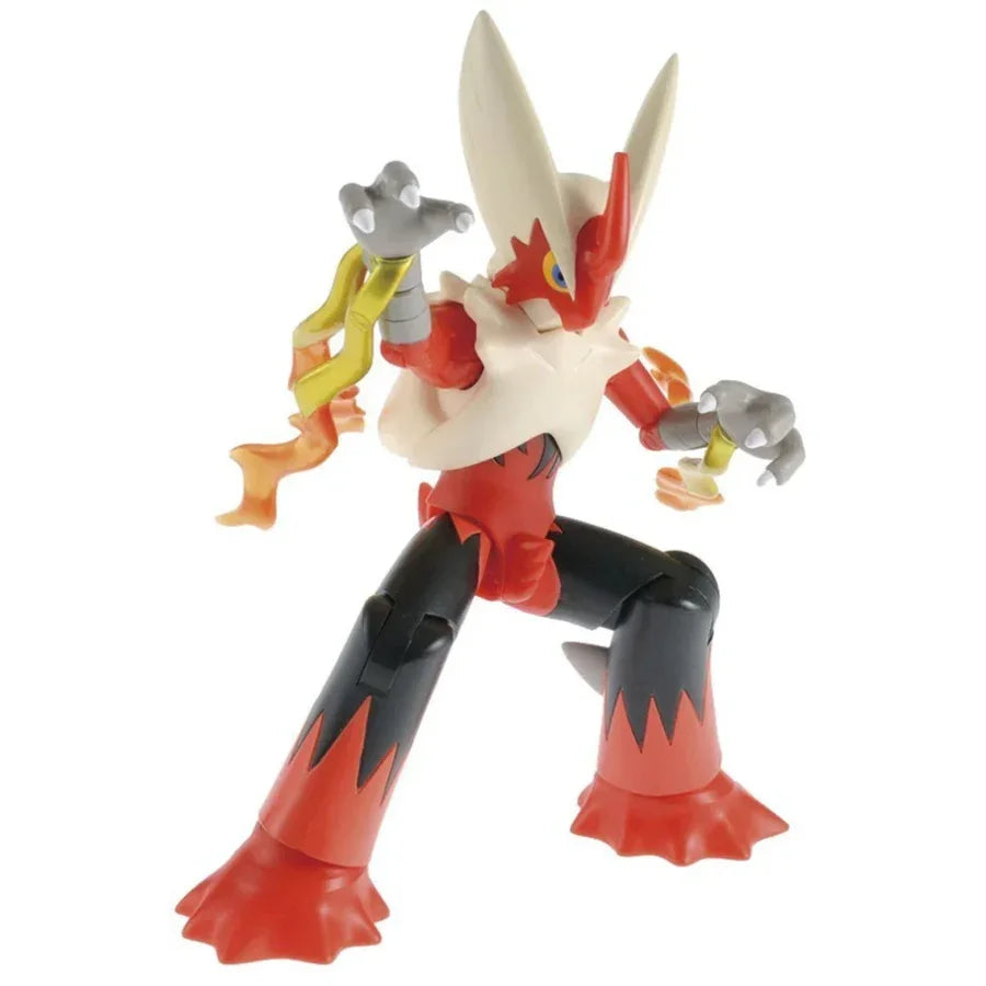 Bandai Pokémon Model Kit of Mega Blaziken with fire-effect wrist flames, fully assembled and posed