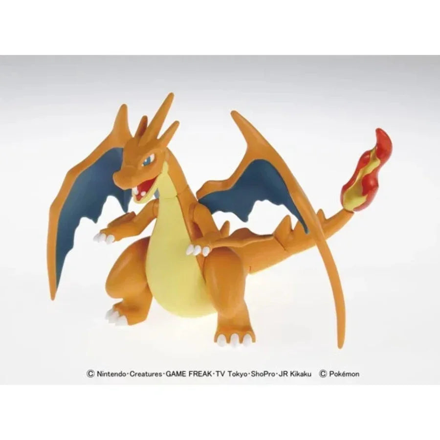 Mega Charizard Y Pokémon Model Kit by Bandai with articulated limbs and fiery wings in flight pose