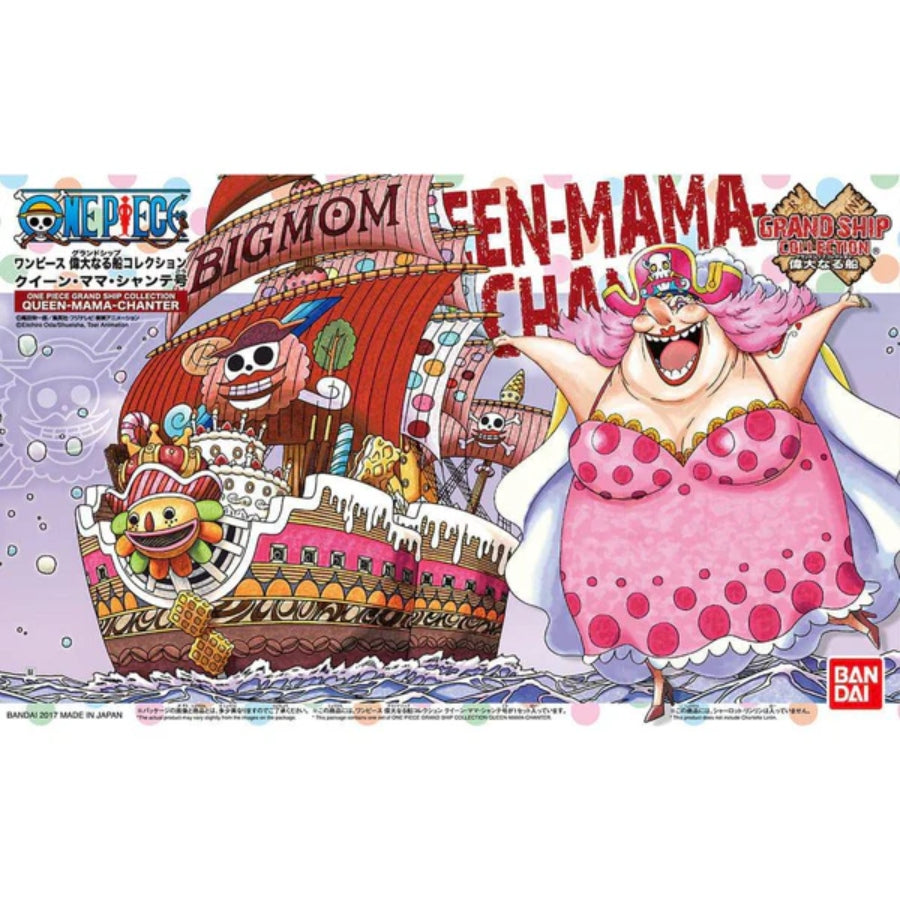 Queen Mama Chanter One Piece Grand Ship Collection model kit showing pink-and-brown dessert-themed ship with candy decorations and wave base