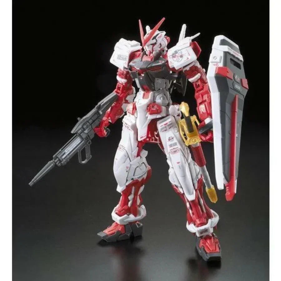 Red and white Gundam model kit with rifle and shield, detailed mecha design for hobby collectors