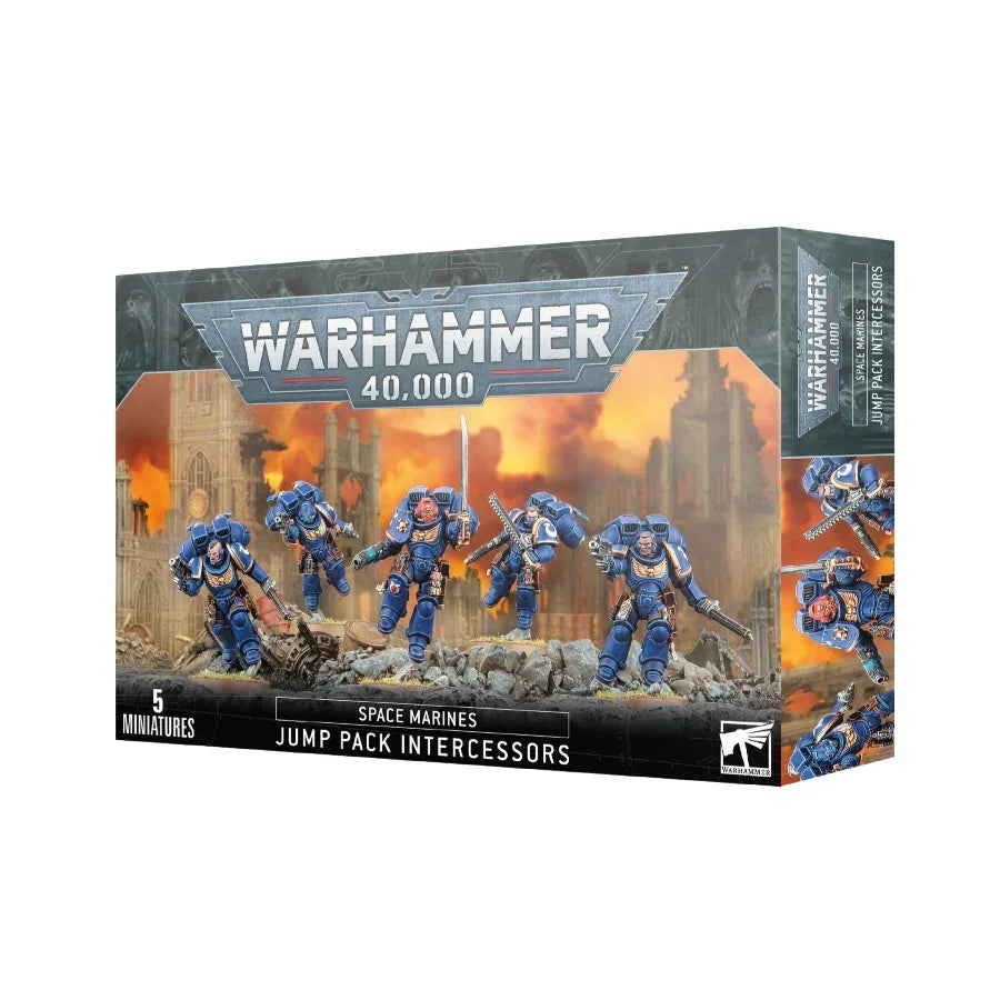 Warhammer 40,000 Space Marines Jump Pack Intercessors miniatures box with 5 painted figures