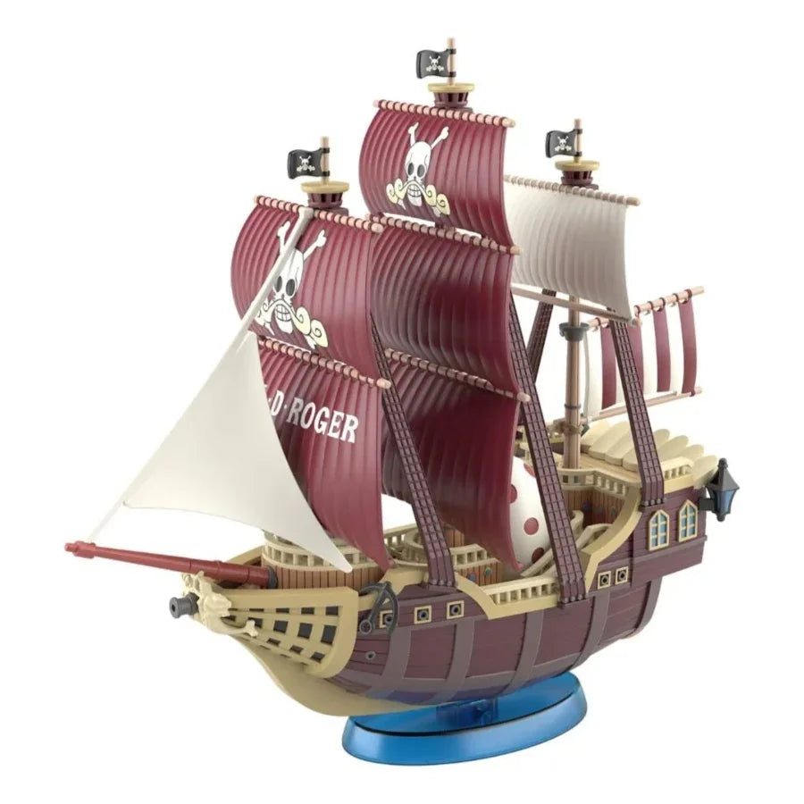 Pirate ship model kit with skull sails and 'Roger' text, ideal for hobbyists and collectors.