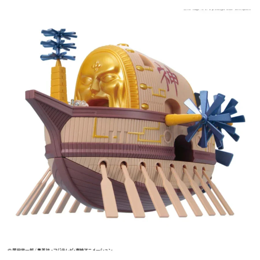 Golden-faced model ship with blue propellers and oars, ideal for hobby collectors and model kit enthusiasts