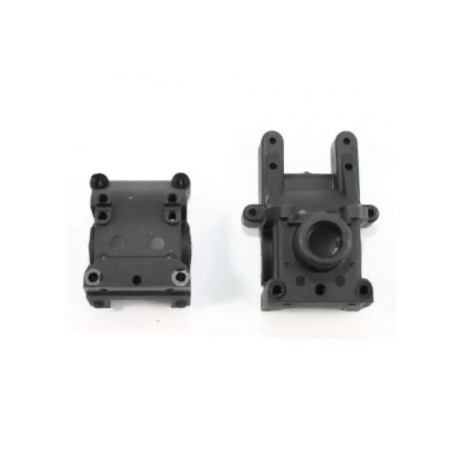 Black plastic model kit parts for RC car or drone assembly, featuring mounting holes and gear housing