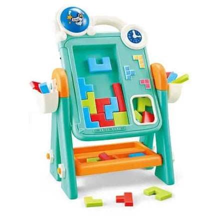 Colorful kids activity easel with magnetic blocks, shape sorter, and storage trays for creative play and learning