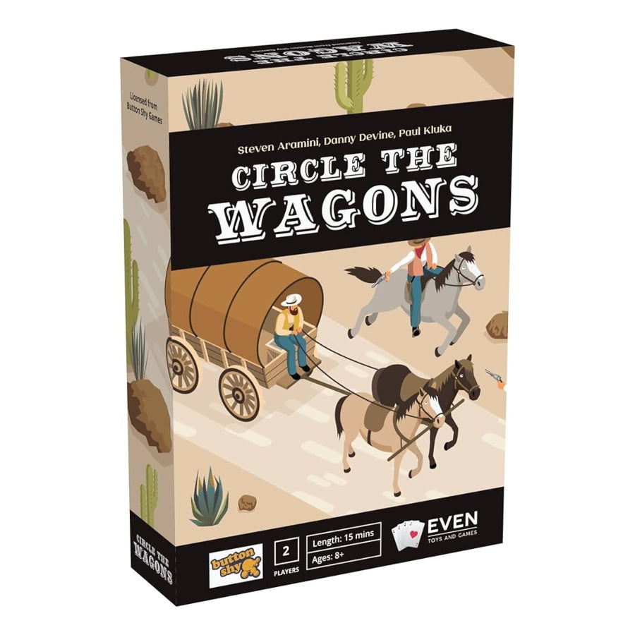 Circle the Wagons Card Game – 2-player Western themed strategy card game by Button Shy Games, portable wallet-sized game with 18 cards and 5,000 combos.