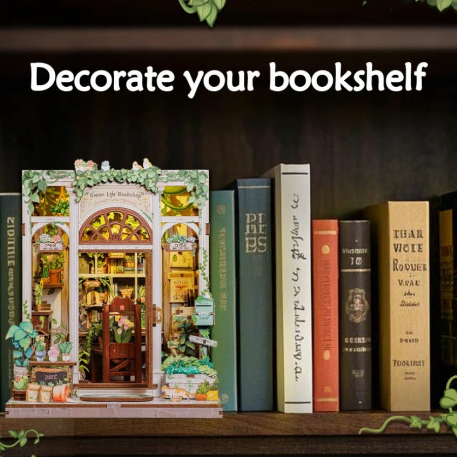 Cutebee Green Life Bookshop DIY book nook miniature plant-themed bookstore scene.