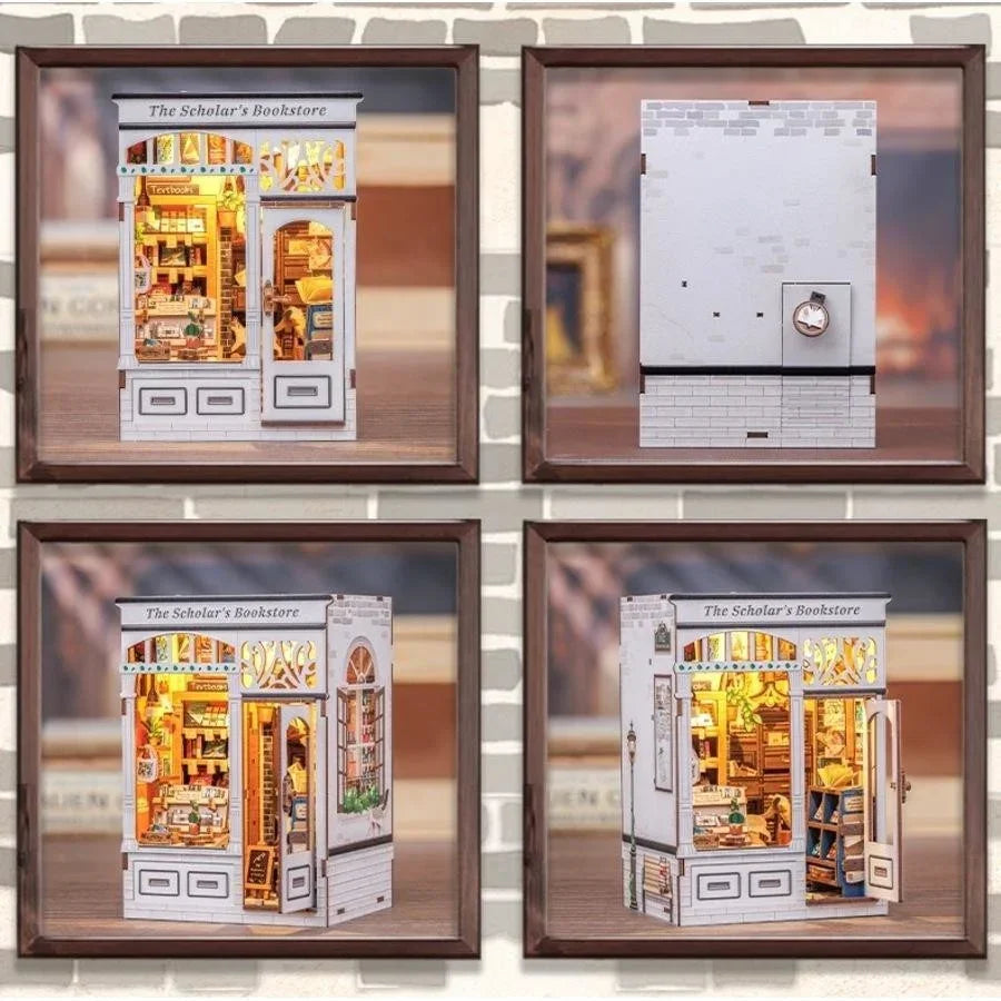 Miniature dollhouse kit of The Scholar’s Bookstore with detailed storefront and interior.