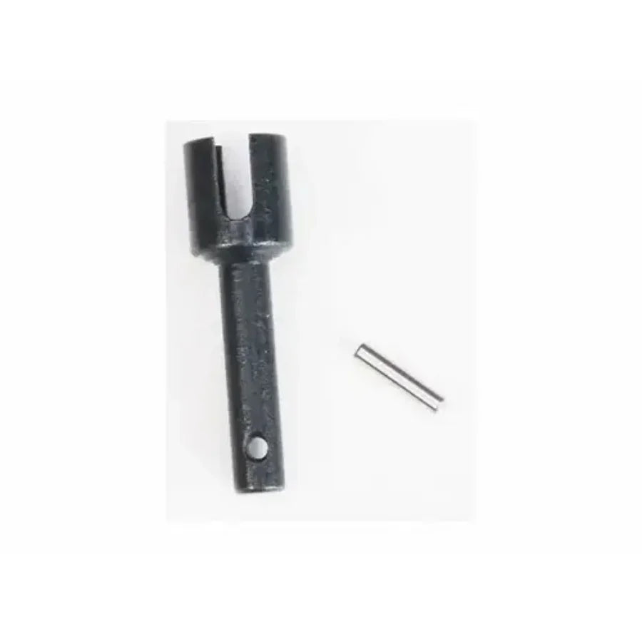 Black plastic model kit pinion gear with metal axle pin, hobby assembly part