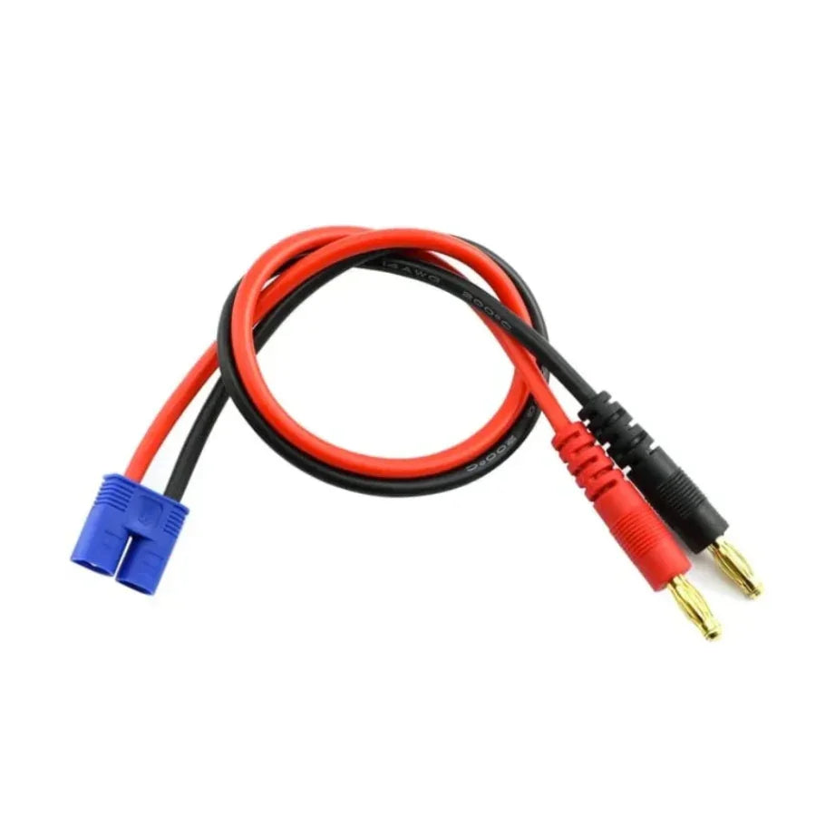 Red and black RC battery charging cable with blue XT60 connector and gold banana plugs for hobby models