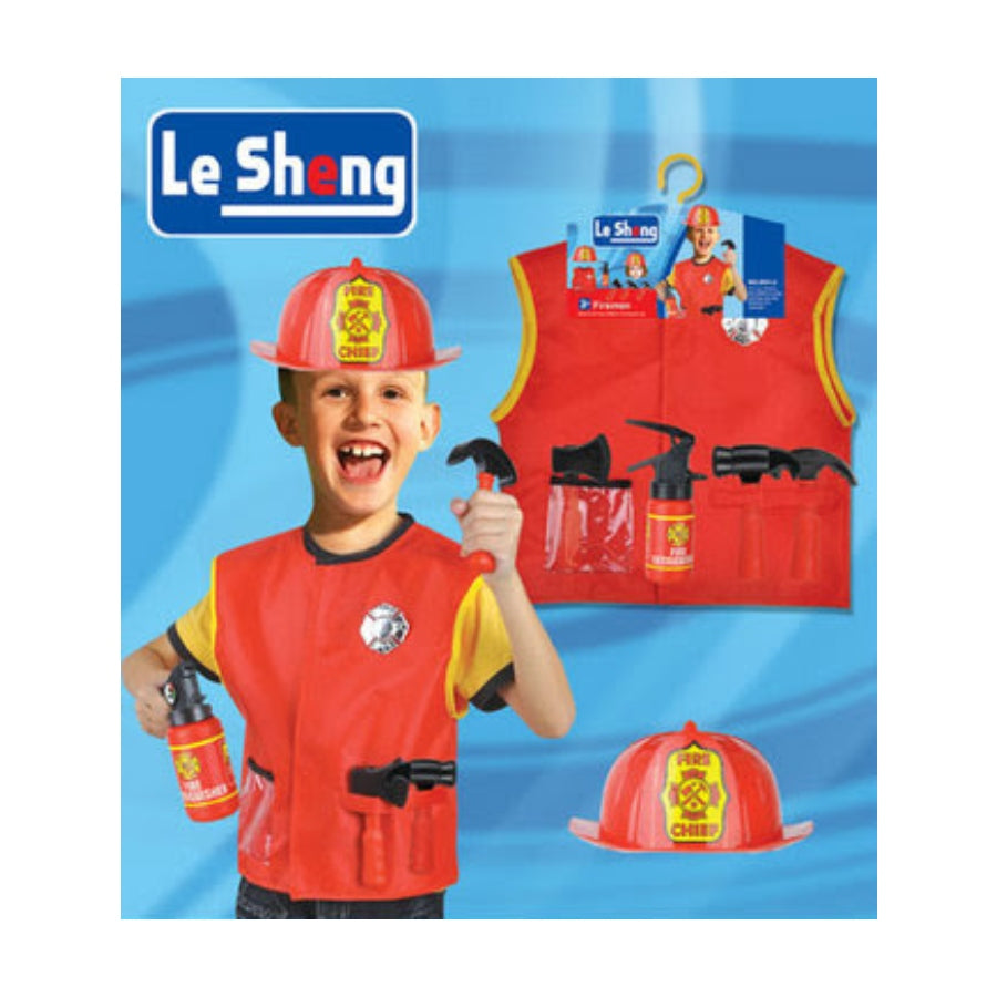Firefighter Kids Costume Dress Up Set – realistic kids’ firefighter outfit with hat, vest, and tools for imaginative pretend play.