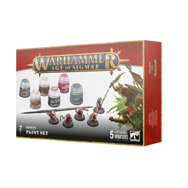 Warhammer Age of Sigmar Skaven Paint Set 60-09 with miniatures and paints.