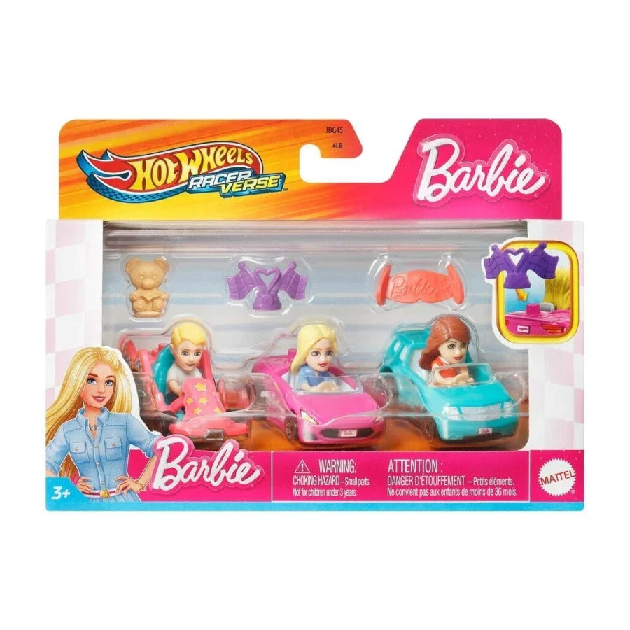 Hot Wheels RacerVerse Barbie 3-Pack die-cast cars featuring Ken, Malibu and Teresa.