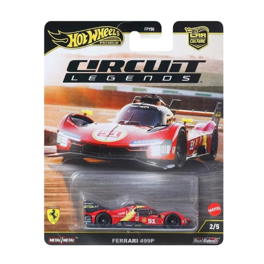 Hot Wheels Ferrari 499P Circuit Legends model car in red with racing decals, packaged for collectors.