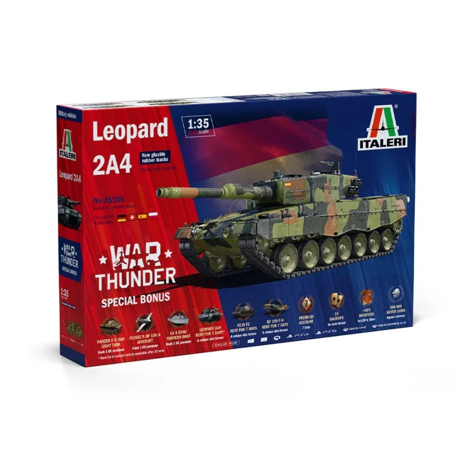 Italeri Leopard 2A4 1:35 scale military tank model kit with War Thunder bonus content