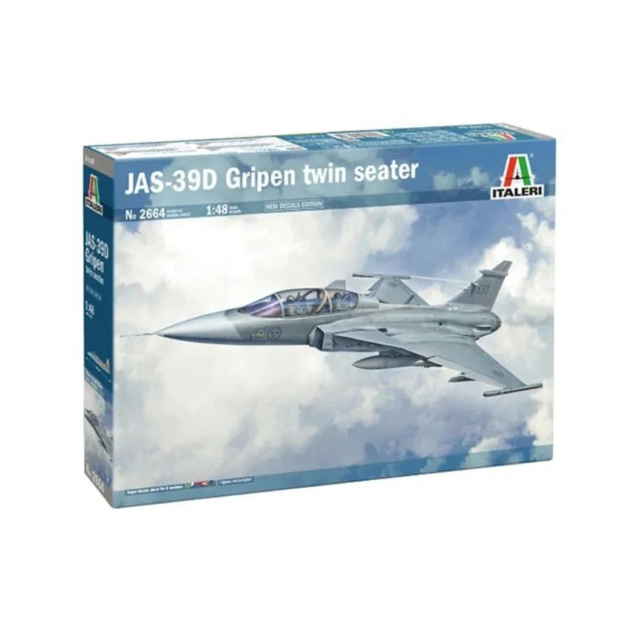 Italeri 1:48 JAS‑39D Gripen twin-seat kit box showing detailed model sprues and decal options for training aircraft
