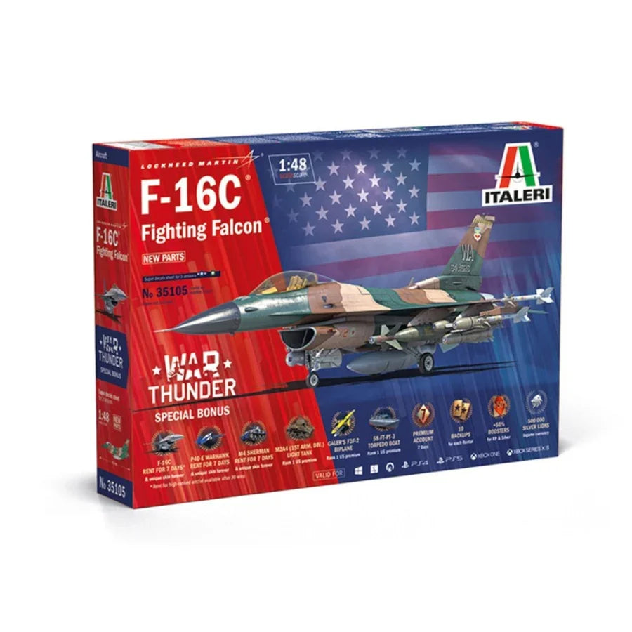 Italeri 1:48 F‑16C Fighting Falcon War Thunder Special Box art with camouflage markings and decal sheet layout