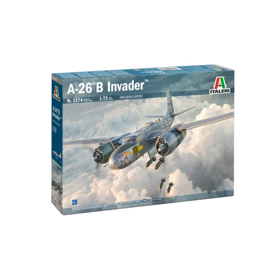 Italeri 1:72 A‑26 A/B Invader plastic model kit – box art and decal sheet showing twin‑engine Invader over sky backdrop